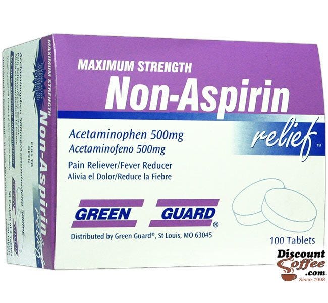 Green Guard Maximum Strength Non-Aspirin relief Tablets 100 ct. Box | Compare Extra Strength Tylenol. Headaches, Fever, Pain, Aches 2 Tablet Packets.