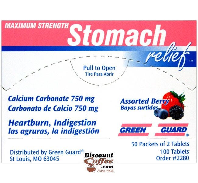 Green Guard Stomach relief Tablets 100 ct. Box | Compare Tums, Rolaids Antacids. Heartburn, Indigestion, Upset Stomach 2 Tablet Packets.