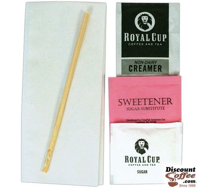 In Room Wrapped Condiment Packets, Napkin, Wood Stir Stick, Sugar Packet, Non-Dairy Coffee Creamer, Pink Artificial Sweetener