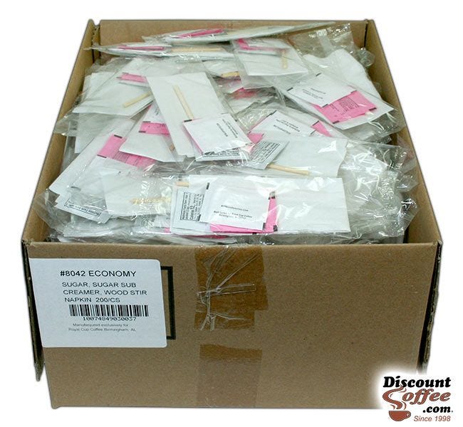 In Room Condiment Packets, Clear Wrapped Packs, Napkin, Sugar, Creamer