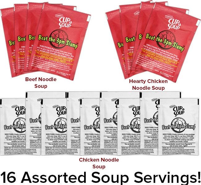 Lipton Cup-a-Soup Single Serve Assortment | Lipton Chicken Noodle, Hearty Chicken, Beef Noodle Instant Soup Packets.