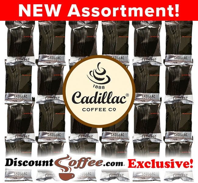 New Cadillac Flavored Coffee Assortment, Cinnamon Hazelnut, Michigan Cherry, Vanilla Cream, Hazelnut Creme.