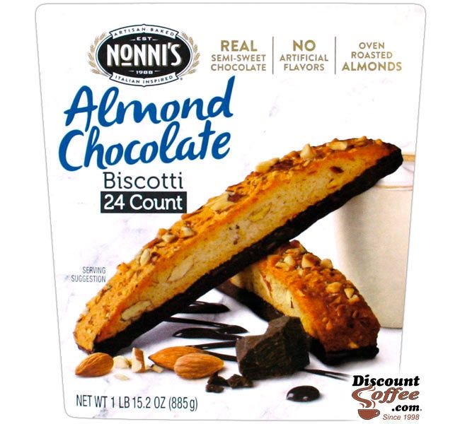 Nonni's Almond Chocolate Biscotti Snacks, real Semi-Sweet Chocolate with Oven Roasted Almonds.