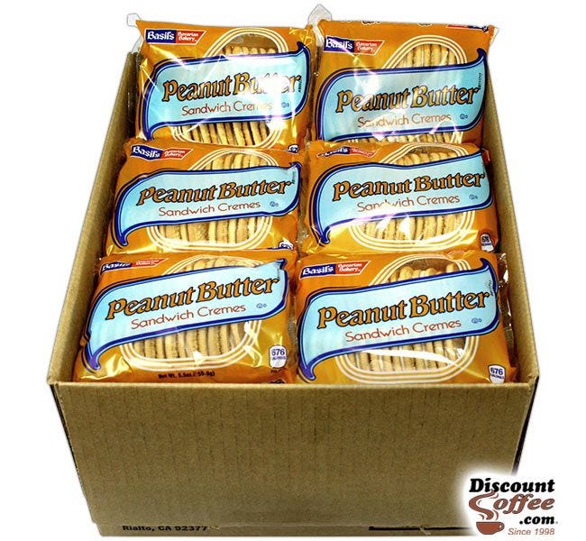 Peanut Butter Sandwich Cremes 24 ct. Case | 5 oz. Snack Size Bags, Basil's Bavarian Bakery Bulk Vending Machine Cookies.
