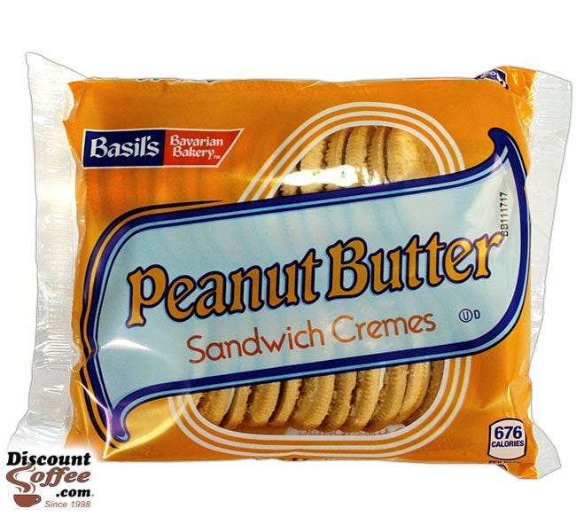 Peanut Butter Sandwich Cremes Cookies 5 oz. | Biscomerica Basil's Bavarian Bakery Vending Snack Cookies, Kosher, 24 ct. Case.