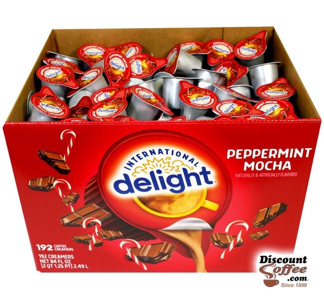 Peppermint Mocha Coffee Creamers Foodservice Bulk 192 ct. Case, Restaurants, Christmas Holiday Events, Catering.