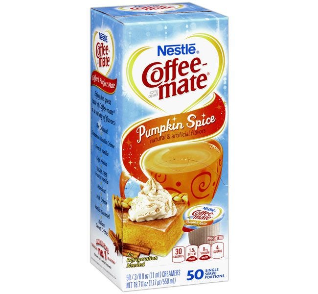 Pumpkin Spice Nestle Coffee-mate seasonal, non-dairy creamer 50 count boxes for the holidays.