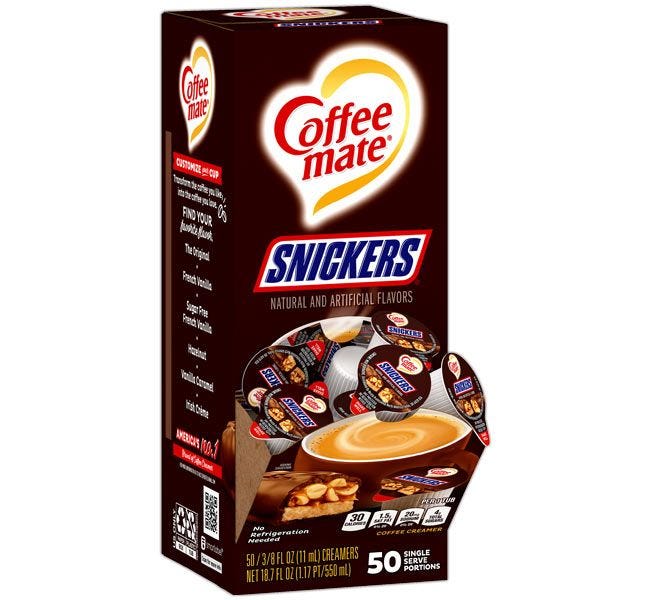 Snickers Coffee-mate Flavored Creamer Box, 50 ct. Chocolate, Nut, Caramel, Liquid Non-Dairy Coffee Creamer.