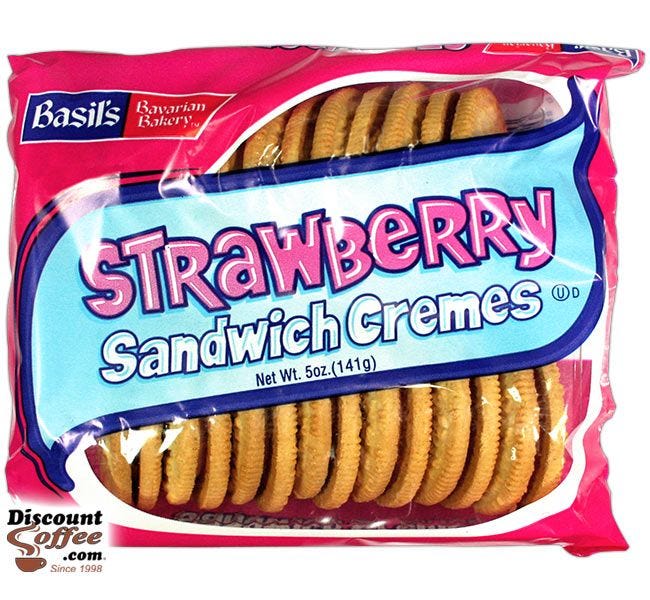 Strawberry Sandwich Cremes Cookies 5 oz. | Biscomerica Basil's Bavarian Bakery Vending Snack Cookies, Kosher, 24 ct. Case.