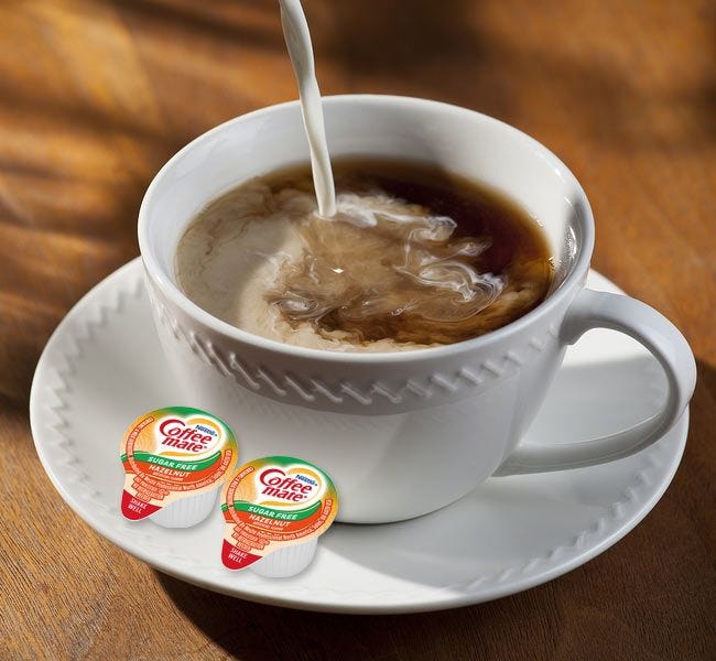Sugar Free Hazelnut Coffee-mate Cup of Coffee, Non-Dairy Creamer, Gluten Free, Lactose Free