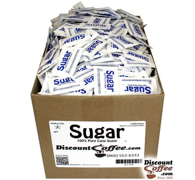 Sugar Packets Foodservice Bulk Case | 100% Pure Cane Granulated Sugar, 2,000 ct. Case, 500 ct. Bag, 100 ct. Bags.