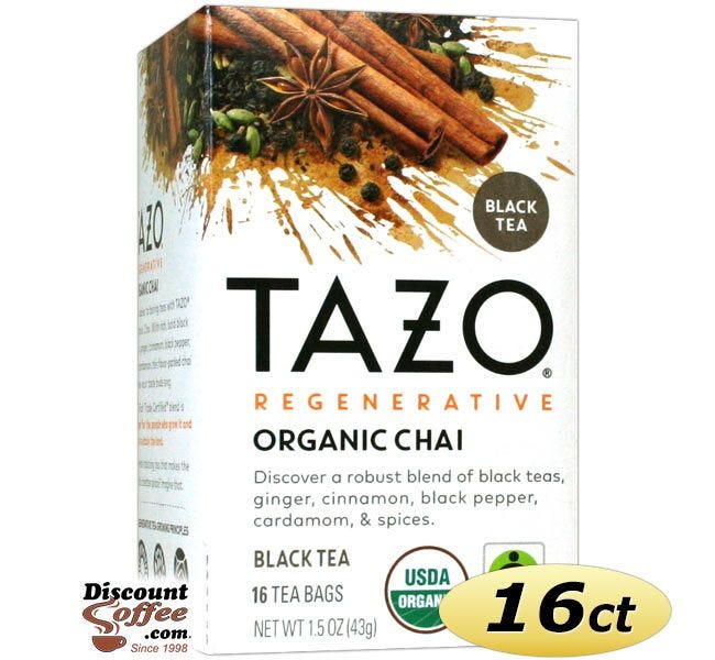 Tazo Chai Tea 16 ct. Box | Organic Black Tea, Spicy Cinnamon, Ginger, Cardamom, Clove, Star Anise Flavored Hot Tea Bags.