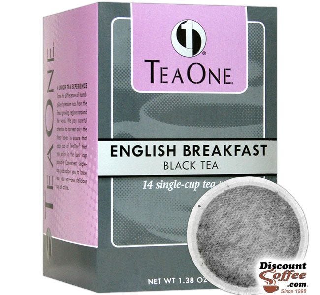 Tea One English Breakfast Tea Pods 14 ct. Box |  Indian, Ceylong Black Tea Individually Wrapped Single Cup Servings.