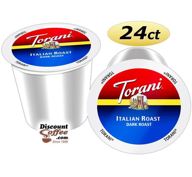 Torani Italian Roast Single Serve Coffee | Dark Roast, Cafe Coffeehouse Bold Flavor, 24 count boxes.