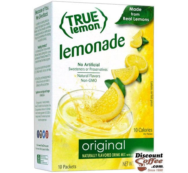 True Lemon Original Lemonade Mix 10 ct. | Bottled Water Naturally Flavored Drink Sticks, Stevia Sweetened