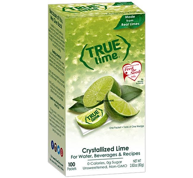 True Lime Packets 100 ct. Dispenser | Natural Crystallized Lime Juice Flavor for Water, Beverages, Drinks, Bar Recipes.