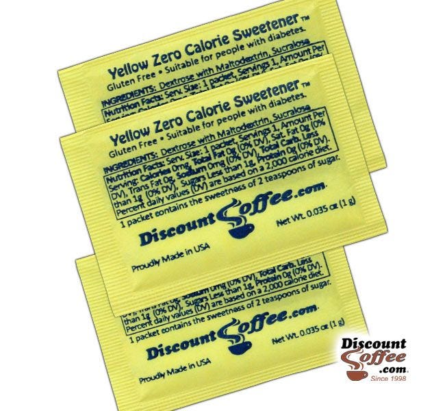 Yellow Packets Sugar Substitute Artificial Sweetener Ingredients | Suitable for People with Diabetes. Dextrose, Maltodextrin, Sucralose, Gluten Free, Kosher.