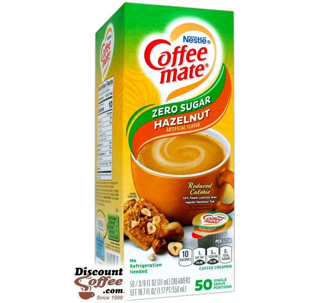 Zero Sugar Free Hazelnut Coffee-mate Creamer 50 count Box, No Refrigeration Needed, UHT Processed.
